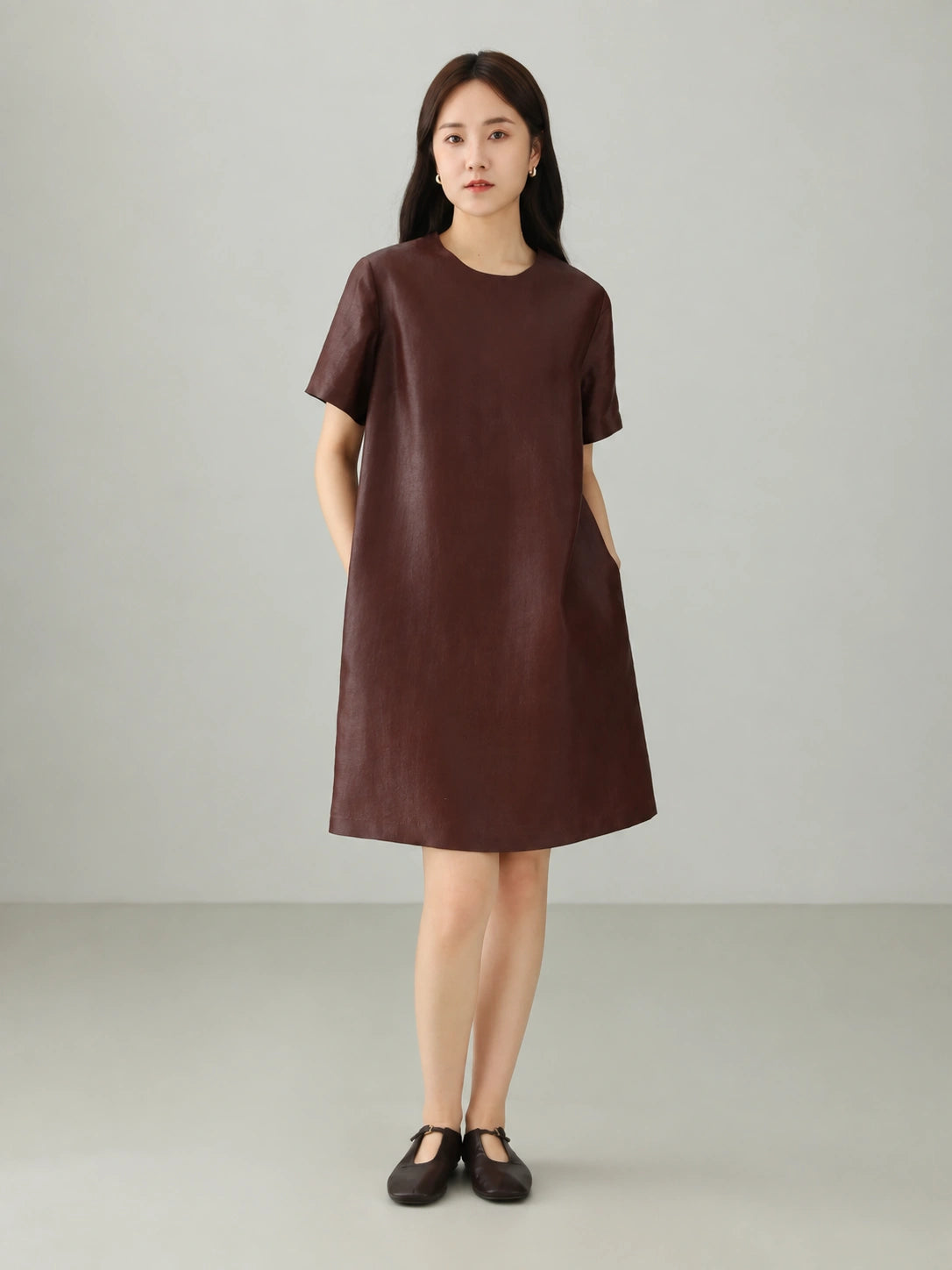 Burgundy red Xiangyunsha mulberry silk short sleeve dress with minimalist round neckline and relaxed silhouette, front view
