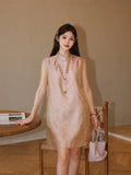 Model posing front view wearing the Gambiered Silk ICH Yiluo Luo New Chinese style dress, made of 100% mulberry silk with a loose H-shape silhouette.