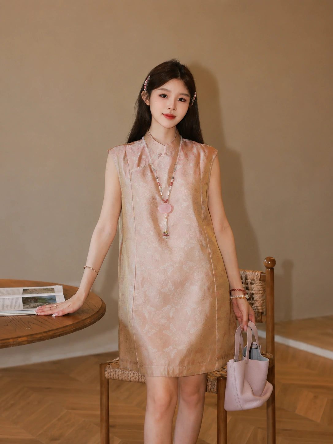 Model posing front view wearing the Gambiered Silk ICH Yiluo Luo New Chinese style dress, made of 100% mulberry silk with a loose H-shape silhouette.