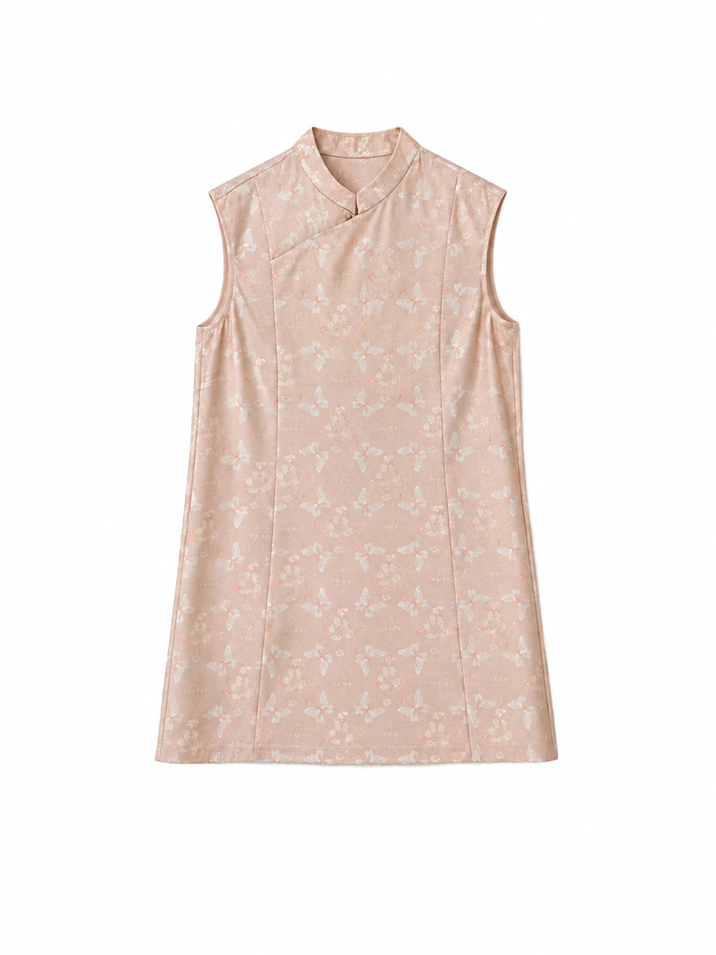 Front view flat lay of the dress showing the Mandarin collar, a single traditional button, and the intricate light pink and blue jacquard pattern.