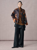 Antique bronze goldfish jacquard jacket layered over a brown Mandarin collar top