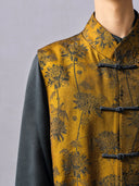 Close-up of the Mandarin collar, floral jacquard and black frog-button closures