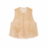 Flat lay of an apricot sleeveless Cheongsam vest with round neck, button front, intricate floral embroidery, and scalloped lace hem, crafted from 100% polyester.
