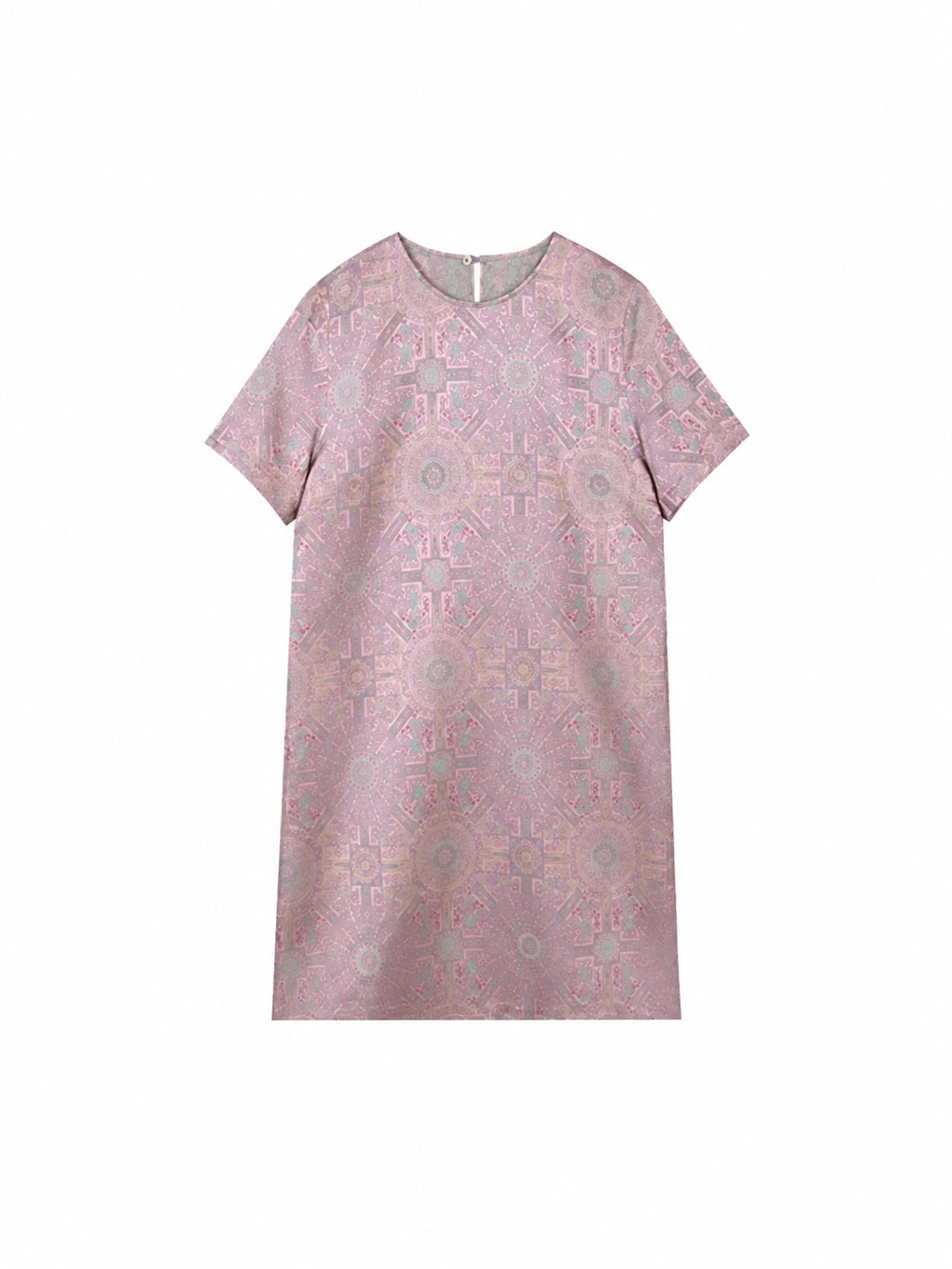 Flat lay of a dusty rose 100% mulberry silk dress with a round neck, short sleeves and H-line silhouette