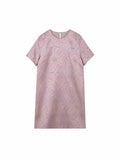 Flat lay of a dusty rose 100% mulberry silk dress with a round neck, short sleeves and H-line silhouette