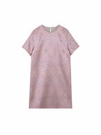 Flat lay of a dusty rose 100% mulberry silk dress with a round neck, short sleeves and H-line silhouette