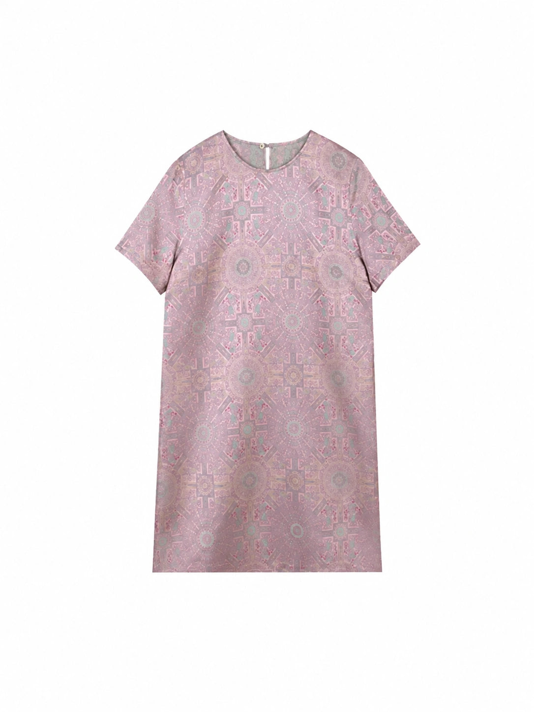 Flat lay of a dusty rose 100% mulberry silk dress with a round neck, short sleeves and H-line silhouette