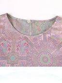 Close-up of a dusty rose Song brocade silk dress showing the round neckline and woven Badayun motif