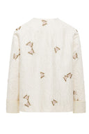 Back product view of the beige jacket, showing butterfly embroidery on the textured fabric and smooth cuffs.