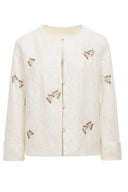 Front product view of the beige butterfly embroidered jacket with matching piping, button fastenings and turn-back cuffs.