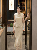Model wearing a beige Cheongsam set with a mandarin collar, lace hem, and button details, holding a handbag, crafted from 100% polyester.