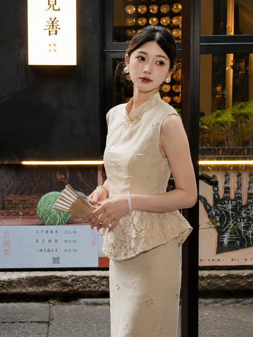 Close-up side view of a beige Cheongsam top with lace peplum and skirt with lace hem, holding a fan, crafted from 100% polyester.