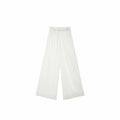 Flat lay of Beige pleated wide-leg pants with a delicate floral embroidered waistband, crafted from 100% polyester.