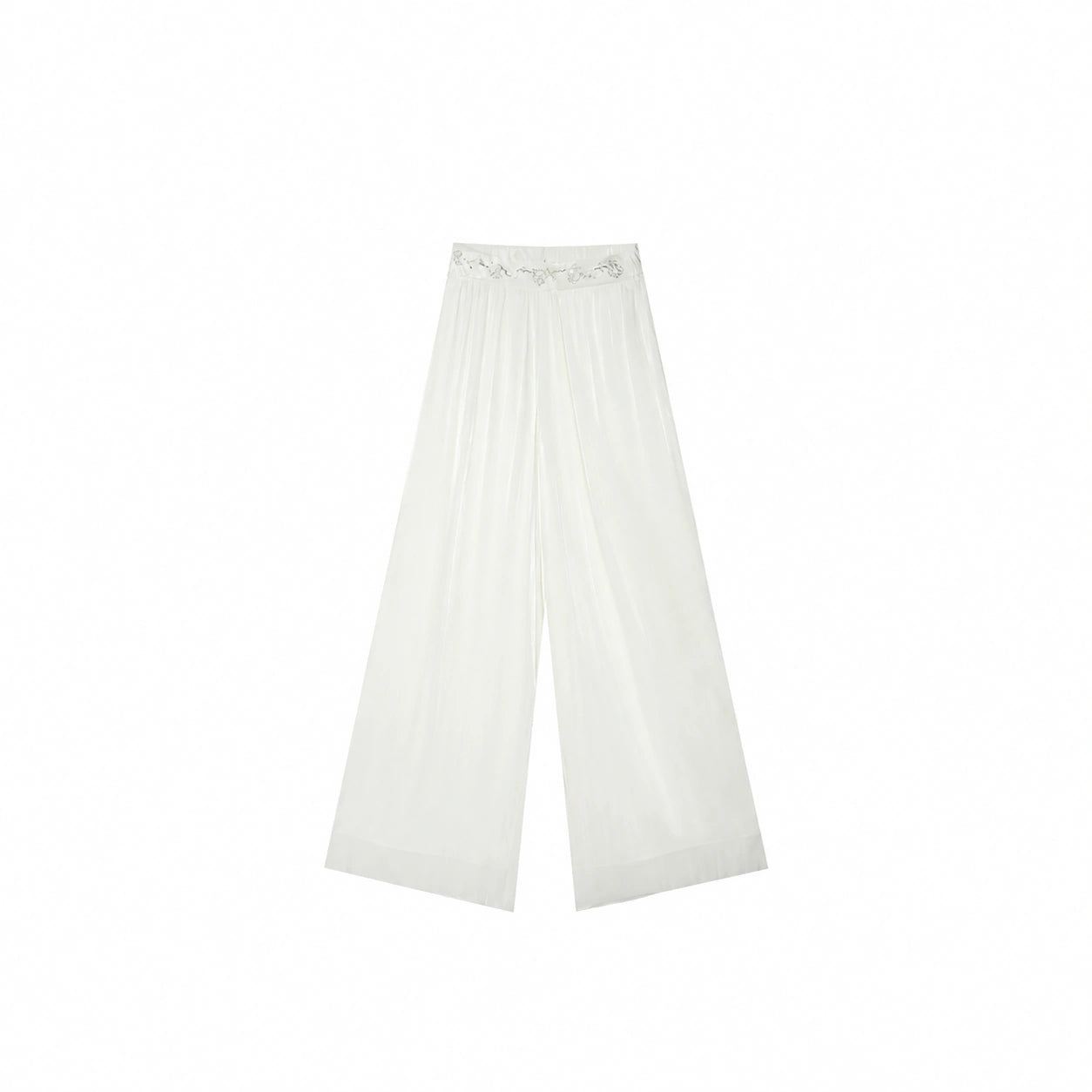 Flat lay of Beige pleated wide-leg pants with a delicate floral embroidered waistband, crafted from 100% polyester.