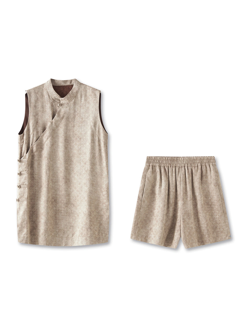 Beige two-piece set with a long sleeveless Mandarin collar vest, frog buttons and matching elastic-waist shorts.