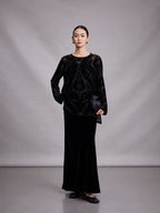 Women's black 100% mulberry silk burnout blouse with long sleeves, front full-body view.
