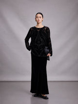 Women's black 100% mulberry silk burnout blouse with long sleeves, front full-body view.