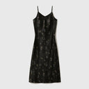 Black butterfly-print Xiangyunsha silk camisole dress with slim shoulder straps, a V-neck and long flowing silhouette