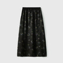 Black butterfly-print Xiangyunsha silk midi skirt with a gathered waistband and flowing silhouette