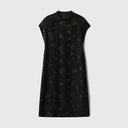 Black butterfly-print Xiangyunsha silk qipao dress with a Mandarin collar, decorative buttons and cap sleeves