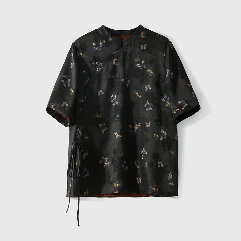 Black Xiangyunsha silk short-sleeve top with butterfly print and Chinese-inspired wrap neckline