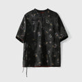 Black Xiangyunsha silk short-sleeve top with butterfly print and Chinese-inspired wrap neckline