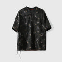 Black Xiangyunsha silk short-sleeve top with butterfly print and Chinese-inspired wrap neckline
