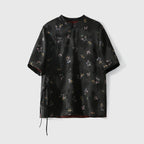 Black Xiangyunsha silk short-sleeve top with butterfly print and Chinese-inspired wrap neckline