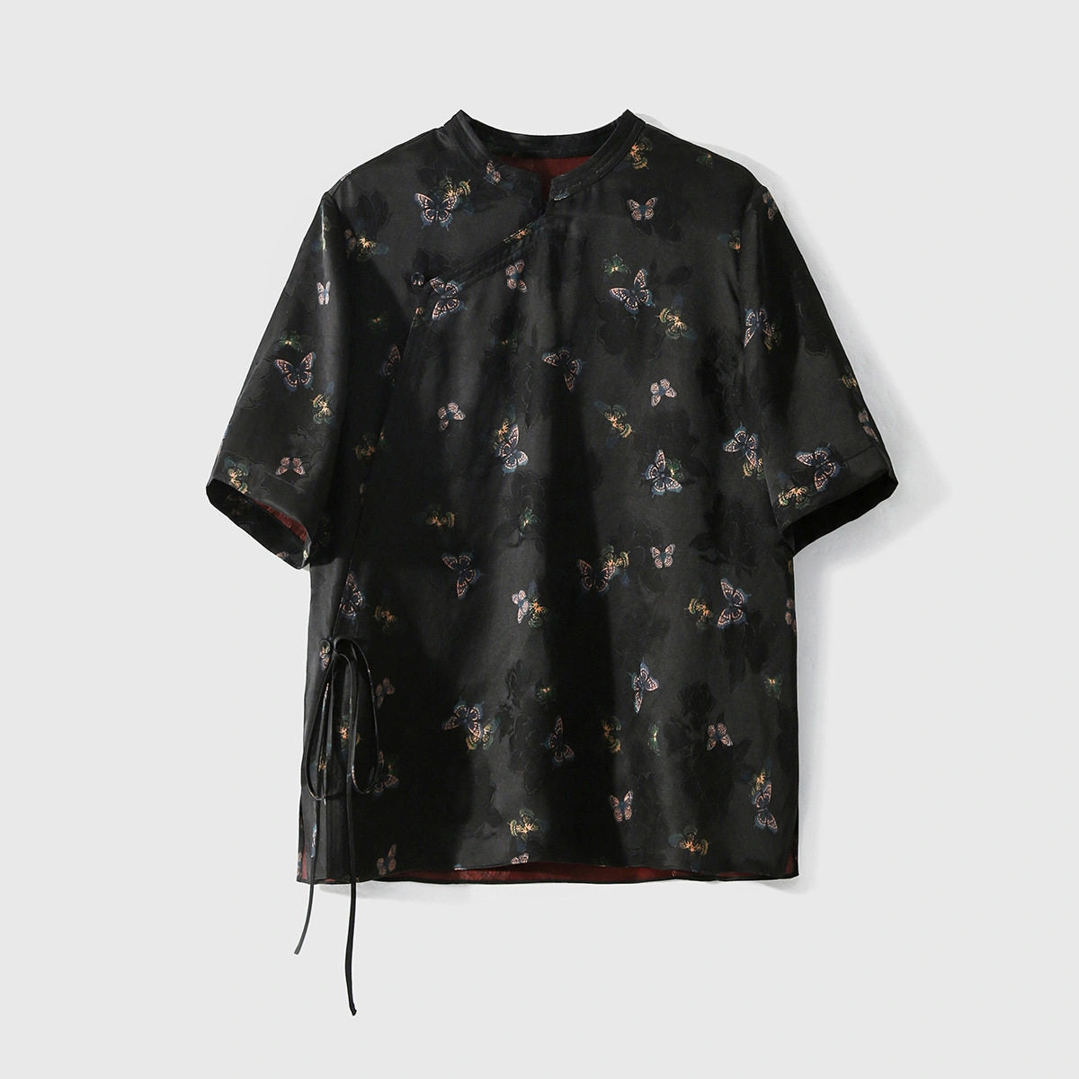 Black Xiangyunsha silk short-sleeve top with butterfly print and Chinese-inspired wrap neckline