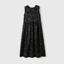 Front view of a black butterfly-print Xiangyunsha silk sleeveless dress with a buttoned bodice and gathered skirt
