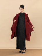 Black Mandarin collar cheongsam styled with an oversized burgundy wrap.