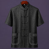 Black embroidered 100% mulberry silk men's Mandarin collar shirt with traditional frog button closure.