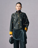 Front view of the black crackle Gambiered silk jacket with bee embroidery and gold cuffs