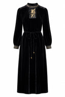 Front product view of the black dress with botanical embroidery