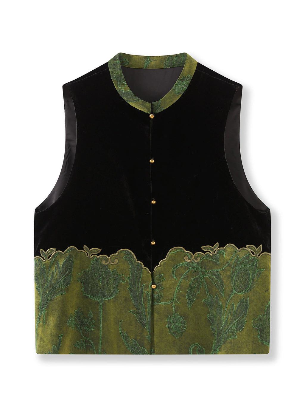 Front product view of a black silk-base velvet vest with green floral jacquard panels and gold-tone buttons.