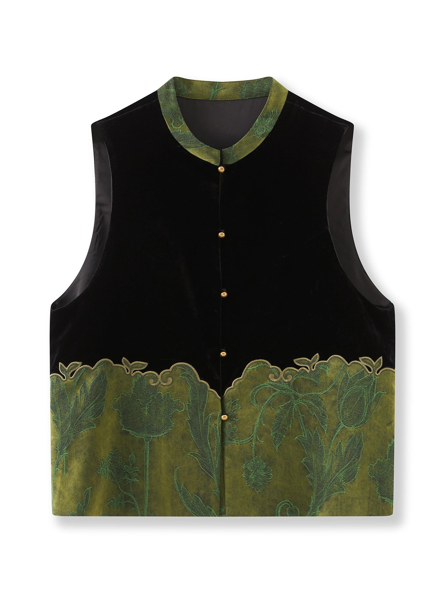 Front product view of a black silk-base velvet vest with green floral jacquard panels and gold-tone buttons.