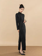 Black jacquard Chinese-inspired maxi dress with long sleeves and Mandarin collar.
