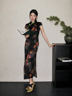 Full-body look of a black jacquard modified long qipao with diagonal placket, floral pattern, and slim elegant silhouette.