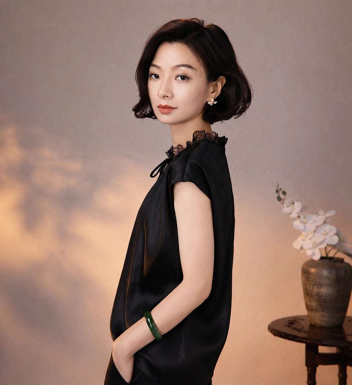 Side view of a black mulberry silk blouse showing its fluid drape, lace collar and relaxed fit