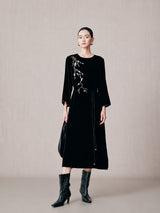 Black 100% mulberry silk embroidered midi dress with long sleeves and removable waist belt.