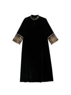 Black mulberry silk mandarin collar dress with brocade trim front view