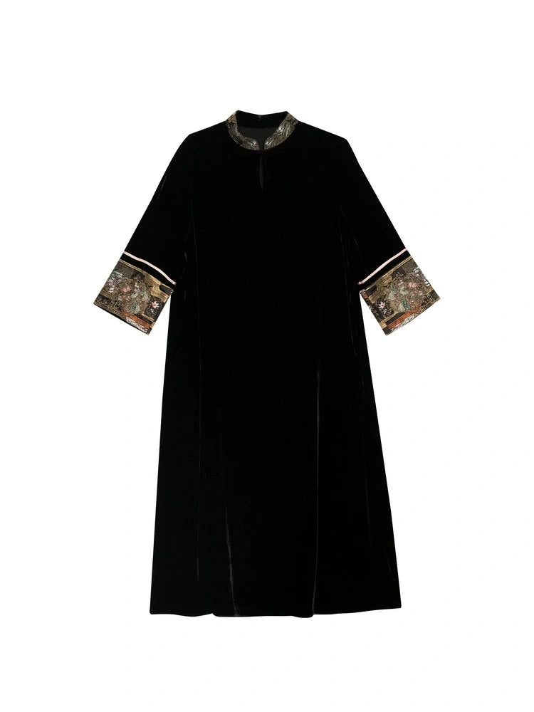 Black mulberry silk mandarin collar dress with brocade trim front view