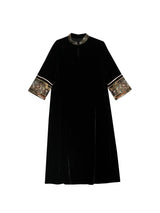 Black mulberry silk mandarin collar dress with brocade trim front view
