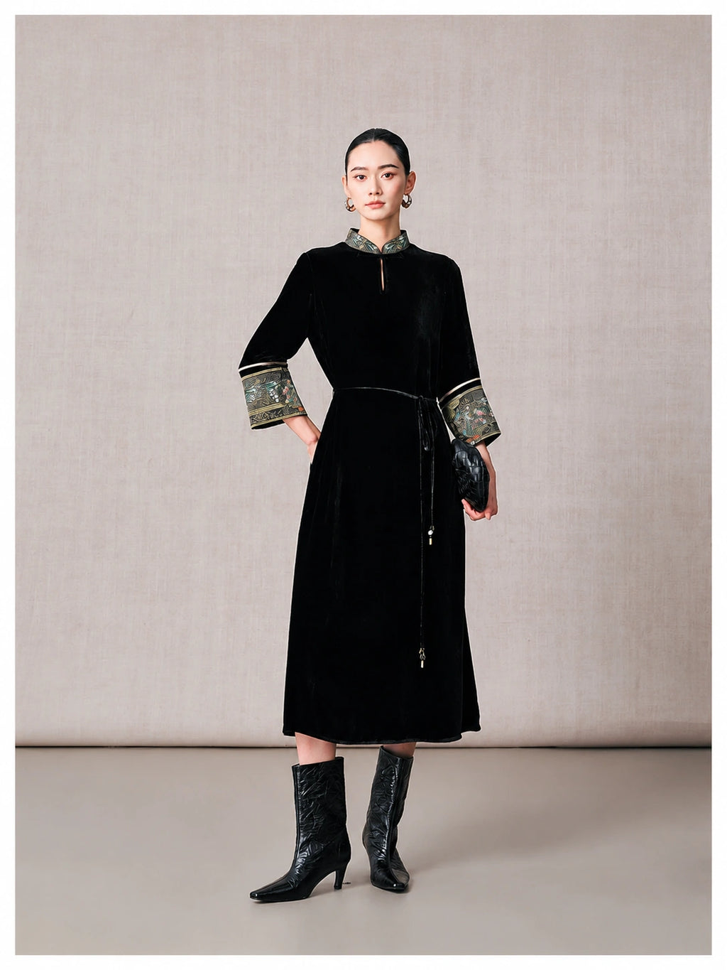 Black mulberry silk midi dress styled with a waist tie and traditional Chinese details