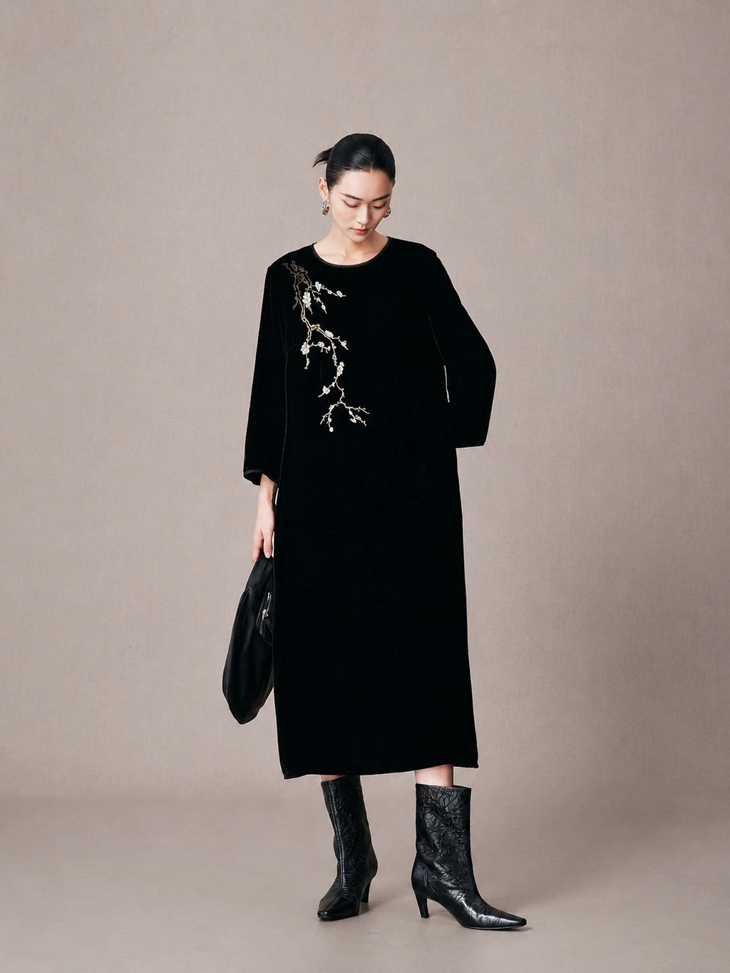 Women's black mulberry silk embroidered midi dress with relaxed silhouette and long sleeves.