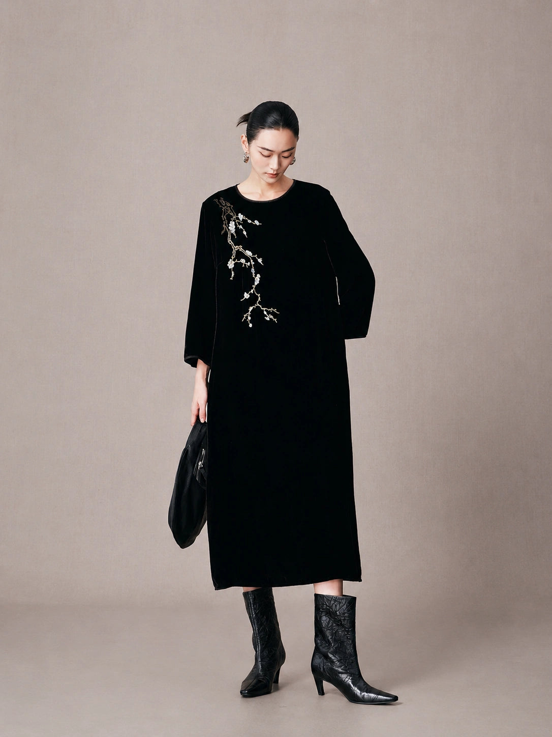 Women's black mulberry silk embroidered midi dress with relaxed silhouette and long sleeves.