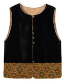 Front product view of the black velvet vest with an antique gold and dark green scroll-patterned hem.