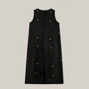 Back view of black Xiangyunsha mulberry silk dress showing button closure and embroidered details