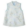 Flat lay of a light blue sleeveless Cheongsam vest with a mandarin collar, beaded edges, and intricate floral sequin embroidery, crafted from 100% polyester.