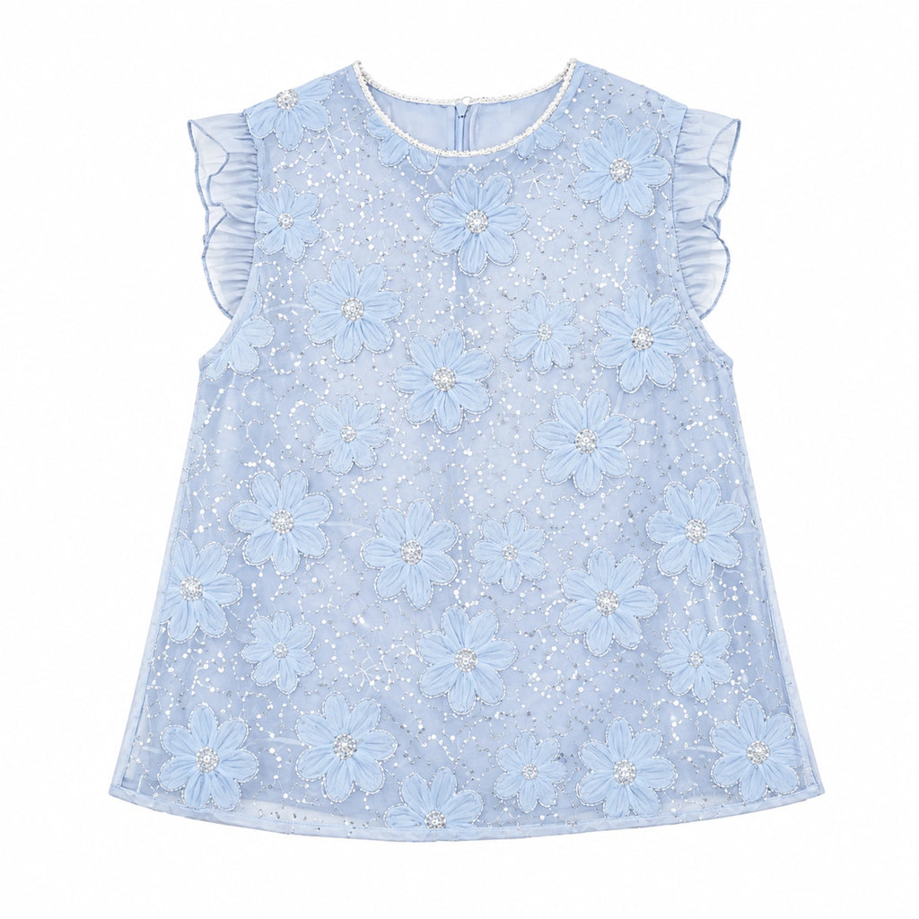 Flat lay of a light blue sleeveless top with round neckline, ruffle sleeves, floral appliqués, and sparkling sequins, crafted from 100% polyester.